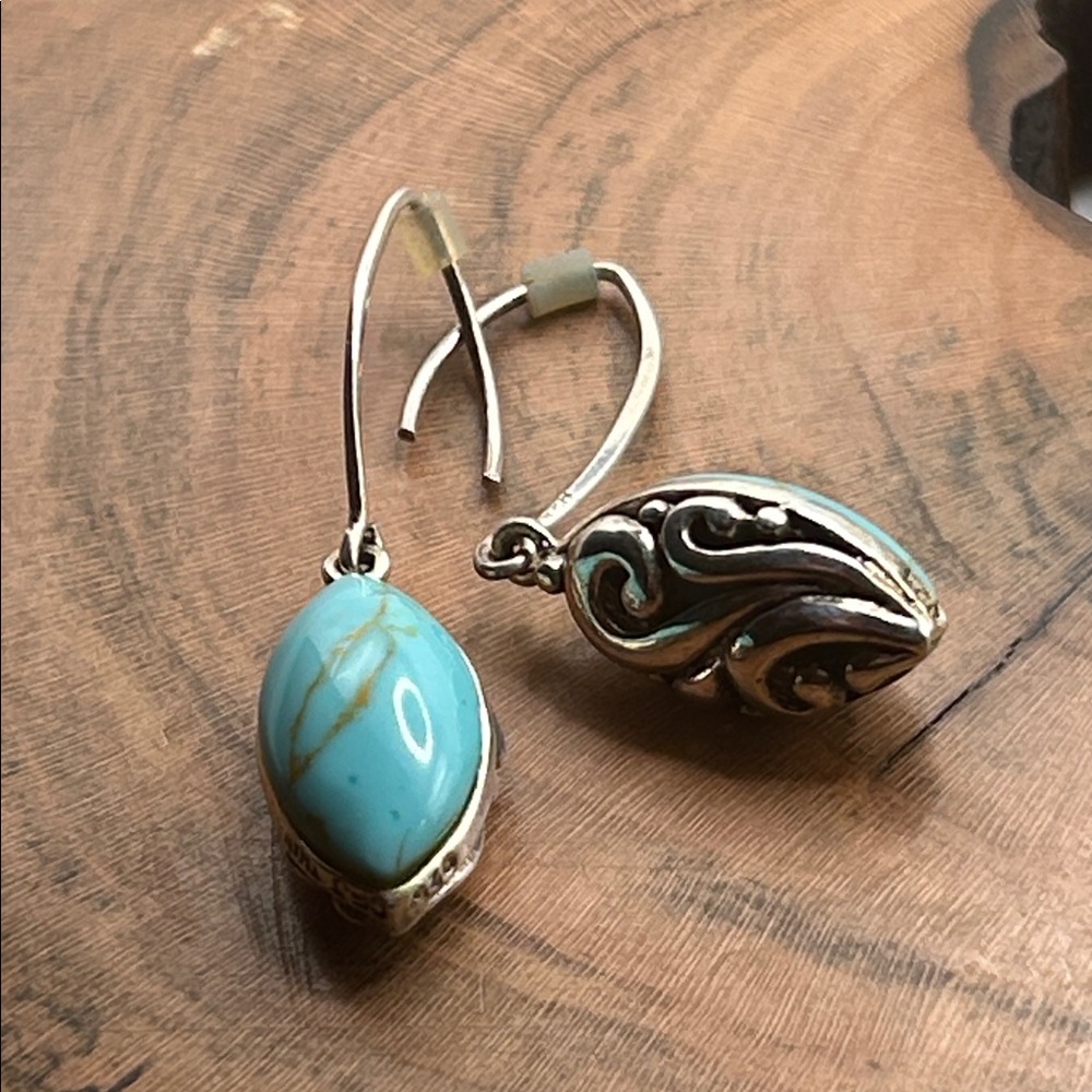CFJ Thai 925 Silver and Turquoise Dangle Earrings Intricate Vintage Collectable